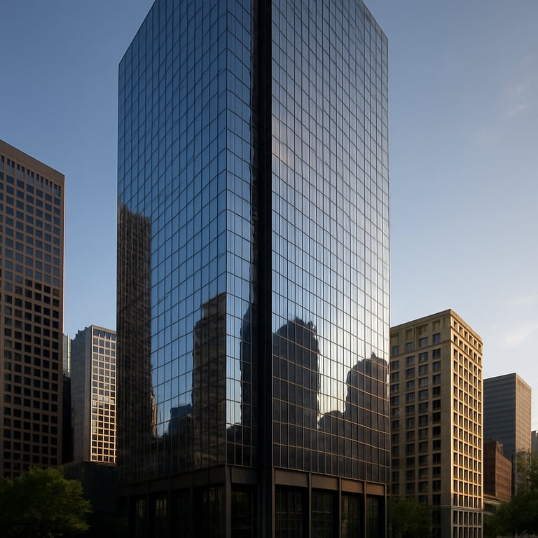 Exterior of a sleek modern skyscraper in a US business district, clear reflections, professional tone.