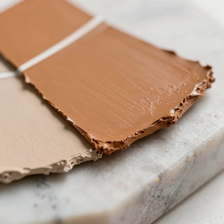 Macro detail shot of physical paint swatches in warm ochre and raw plaster resting on a textured white marble block, soft side lighting.