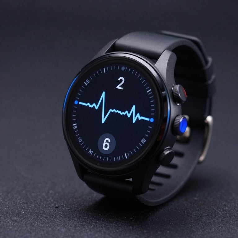 Macro shot of a black sports smartwatch showing heart rate data, cool blue ambient light, sharp focus, 85mm lens