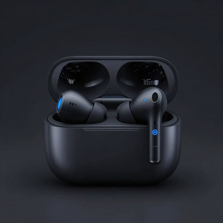 Crisp product photography of matte black wireless earbuds, cool studio lighting, electric blue accents, sharp focus, 85mm lens
