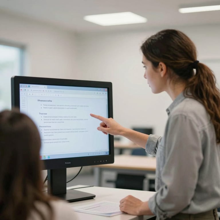 A specialized educator explaining a concept using a touch-screen monitor in a clean, modern North American / US learning center.