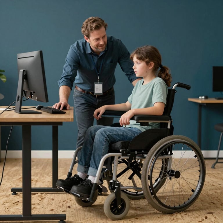 A professional mentor in the US assisting a student with a motorized wheelchair at a computer desk, warm sand and dark teal surroundings.