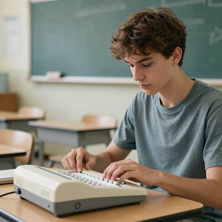 A young adult in a North American / US classroom using a high-tech braille display with light cream and muted teal tones in the background.