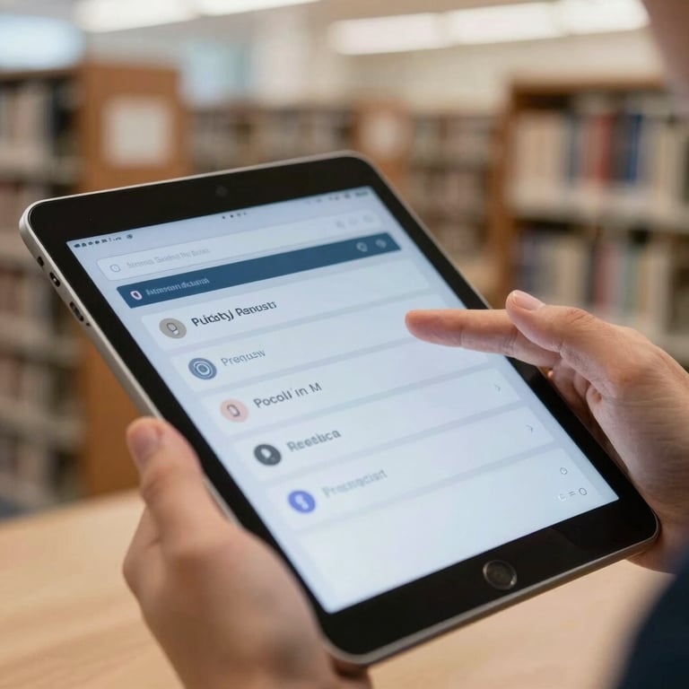 Close-up of hands using a tablet with large-print accessibility features in a bright North American / US library setting.
