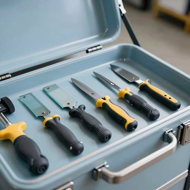 Detailed view of a professional glass repair toolkit organized neatly inside a service vehicle, featuring light blue and steel accents.