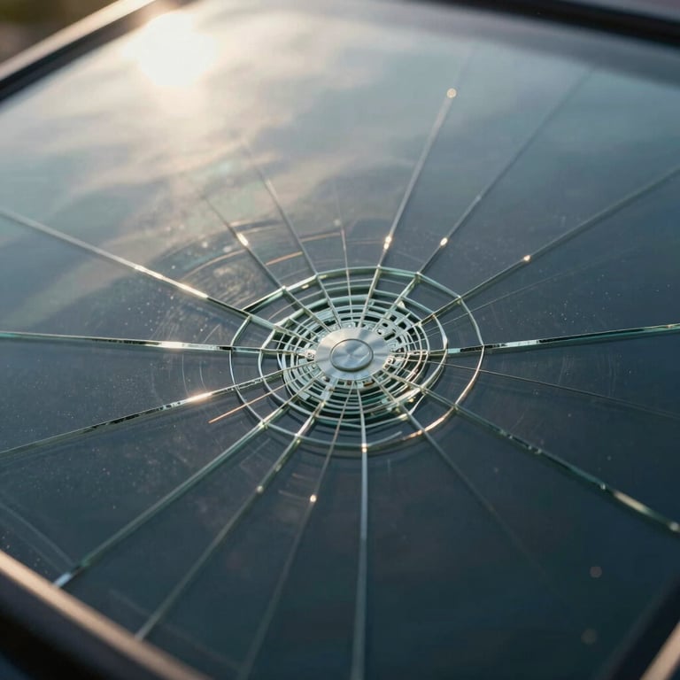 A macro shot of a perfectly repaired glass surface with no visible cracks, reflecting a North American / US afternoon sun.