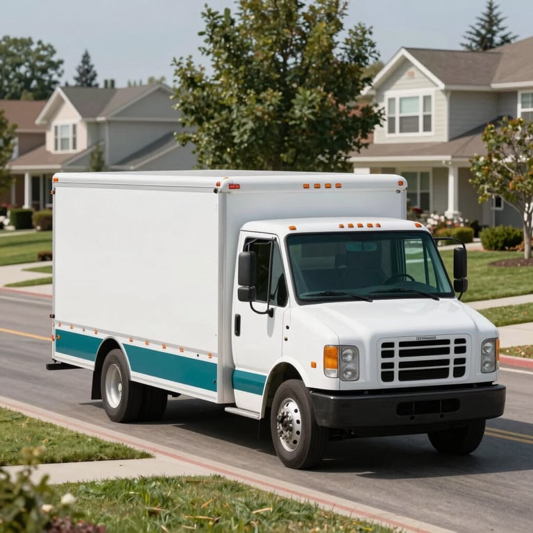 A modern white service truck with the deep teal brand color palette driving through a clean North American / US suburban neighborhood.