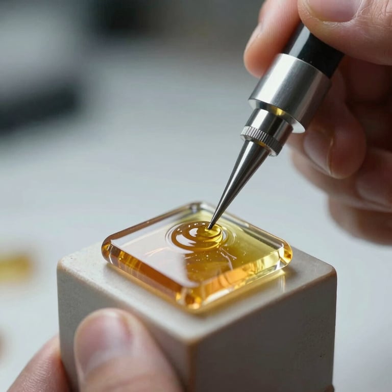 Close-up of professional glass resin being applied to a chip, showing expert craftsmanship and precision.
