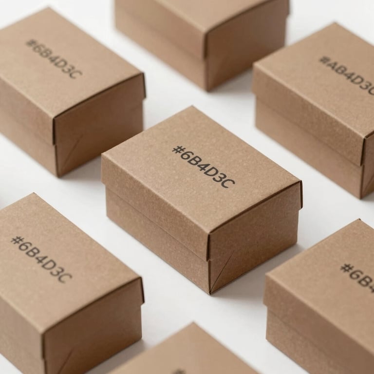 Sleek, branded retail boxes for high-end fashion apparel, showing crisp printing. Palette: #6B4D3C, #A08D7D.