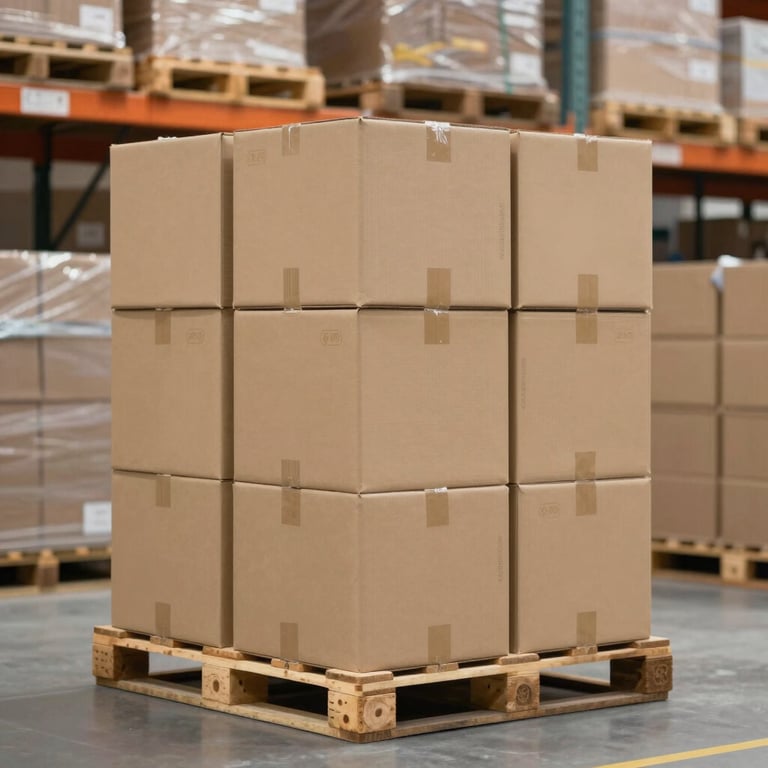 Sturdy bulk shipping cartons stacked in a high-tech logistics warehouse. Palette: #A08D7D, #2C2C2B.