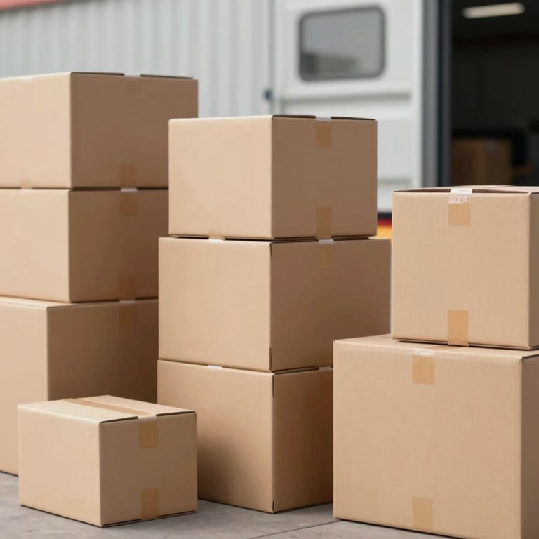 A collection of various sized shipping boxes ready for dispatch at a loading dock. Palette: #A08D7D, #6B4D3C.