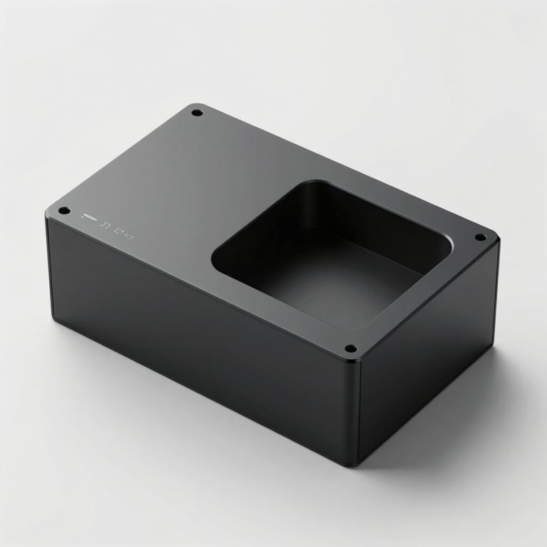 A premium matte black electronics box with precision cutouts, showcasing industrial elegance. Palette: #2C2C2B, #F7F7F7.
