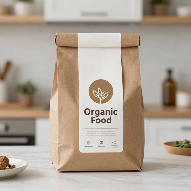Sustainable cardboard packaging for organic food products, displayed in a bright kitchen setting. Palette: #6B4D3C, #F7F7F7.