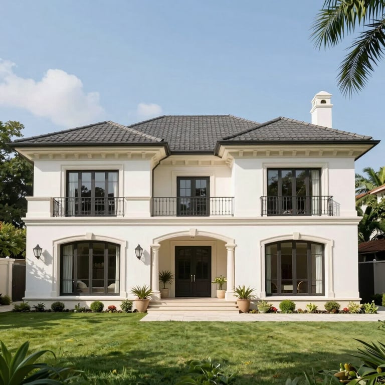 Modern luxury two-story white villa with black framed windows and a manicured green lawn.
