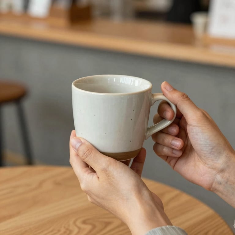 A pair of hands holding a crafted ceramic cup. Setting: modern cafe with light wood accents. North American / International style.