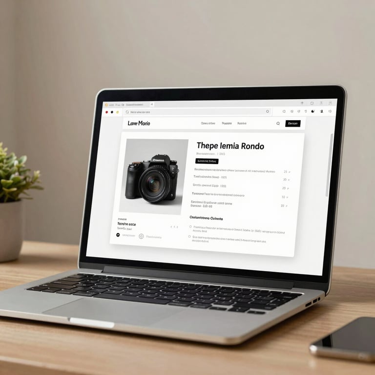 A high-resolution laptop screen displaying a clean, elegant layout. Setting: a home office with pale beige walls.