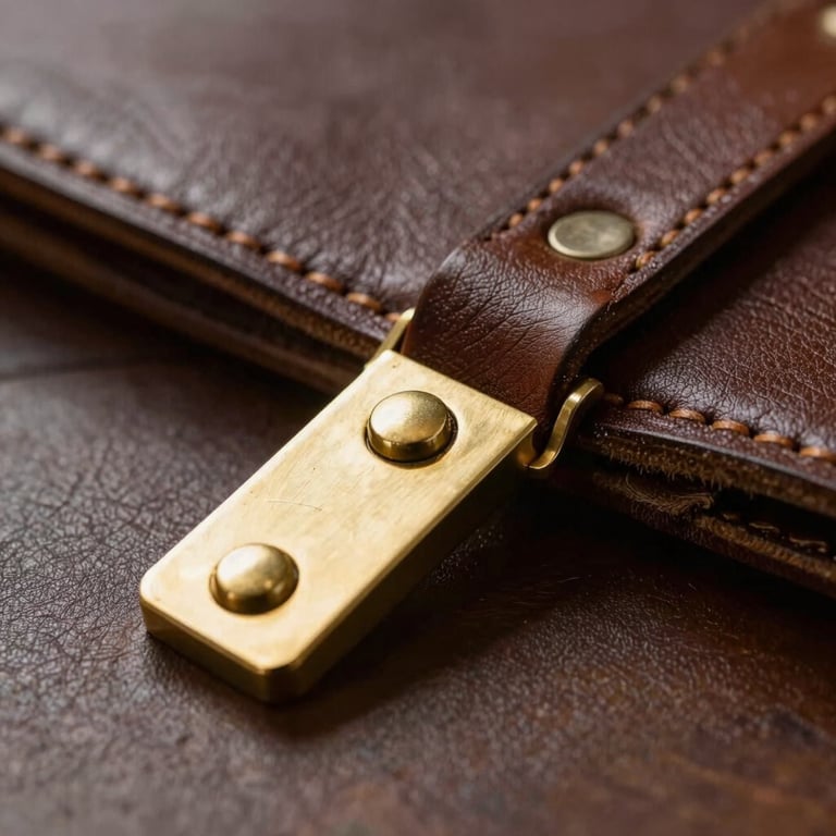 Macro shot of premium leather and brass details on a desk. Colors: muted gold and deep umber.