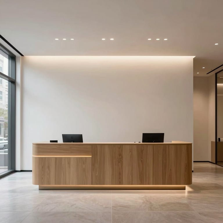 A minimalist reception area of a premium boutique office in New York. Composition: wide angle, architectural. Lighting: soft and even.