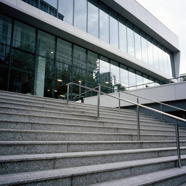 A clean, modern staircase in a building with large glass walls. Composition: low angle, contemporary architecture.