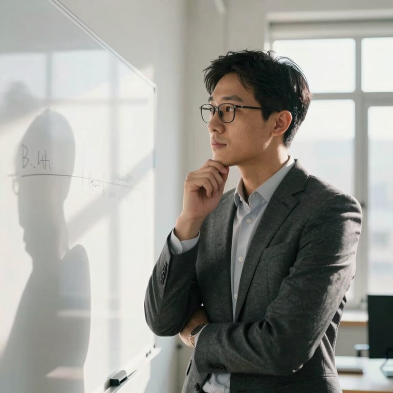 A professional person in smart-casual attire looking thoughtfully at a white board in a sunlit room.