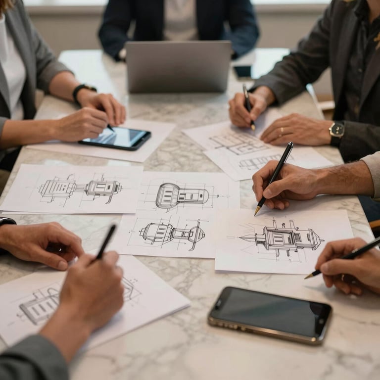 A collaborative meeting around a marble table with sketches and digital devices. Style: professional and warm.