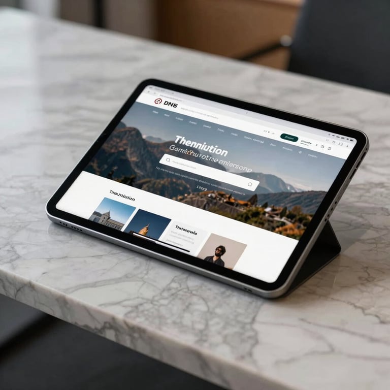A luxury tablet showing a sleek web interface on a polished marble table in a US office.