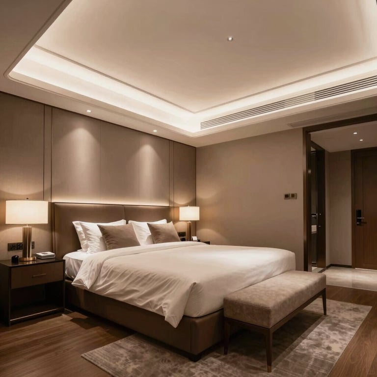 A luxury master suite with high ceilings and warm brown tones, elegant and clean atmosphere.