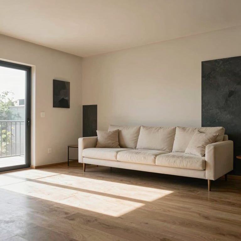 A spacious living room with freshly painted sand walls and charcoal decorative elements, bright South American morning light.