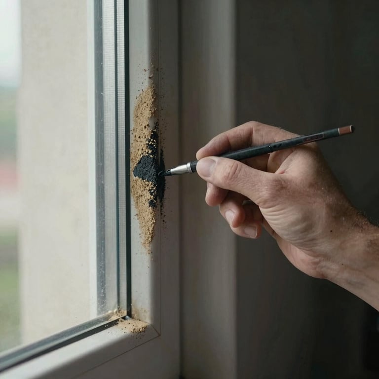 Detail of a painter's precision on a window frame, showing the contrast between sand and charcoal colors.