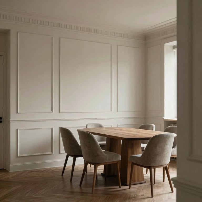 View of a modern dining area with clean paint lines and a professional finish in neutral tones.