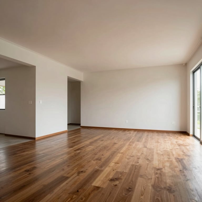 A wide-angle shot of a renovated Brazilian home interior, featuring spacious rooms and impeccable paintwork.