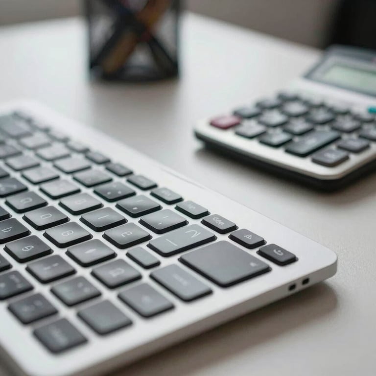 Close-up of a digital keyboard and a calculator on a professional desk, suggesting precise accounting work, in a Latin American / Spanish office setting.