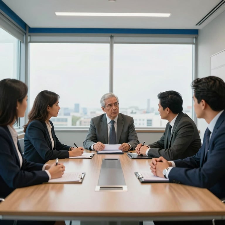 A business meeting in a bright, modern Latin American / Spanish boardroom with steel blue accents, where professionals are collaborating.