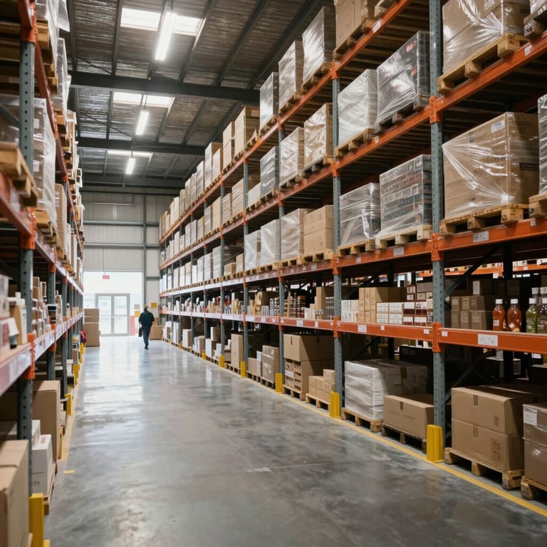 Interior of a vast, well-lit, and highly organized warehouse in a Latin American / Spanish region, showcasing modern shelving and clean floors.