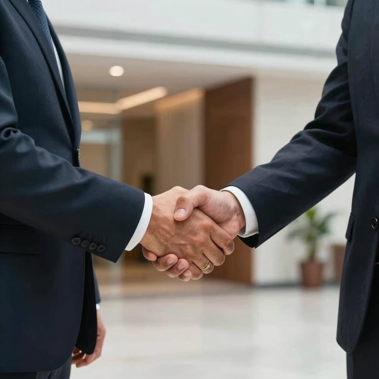 A professional handshake between two business partners in a modern Latin American / Spanish lobby, representing trust and a successful alliance.