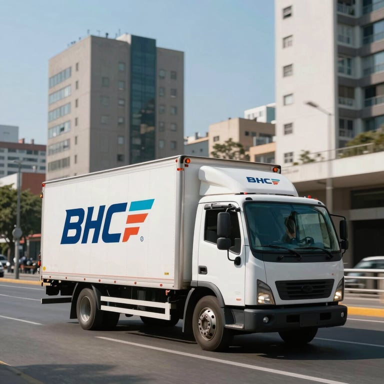 A delivery truck with sleek branding driving through a modern Latin American / Spanish urban landscape during a clear day with light sky blue skies.