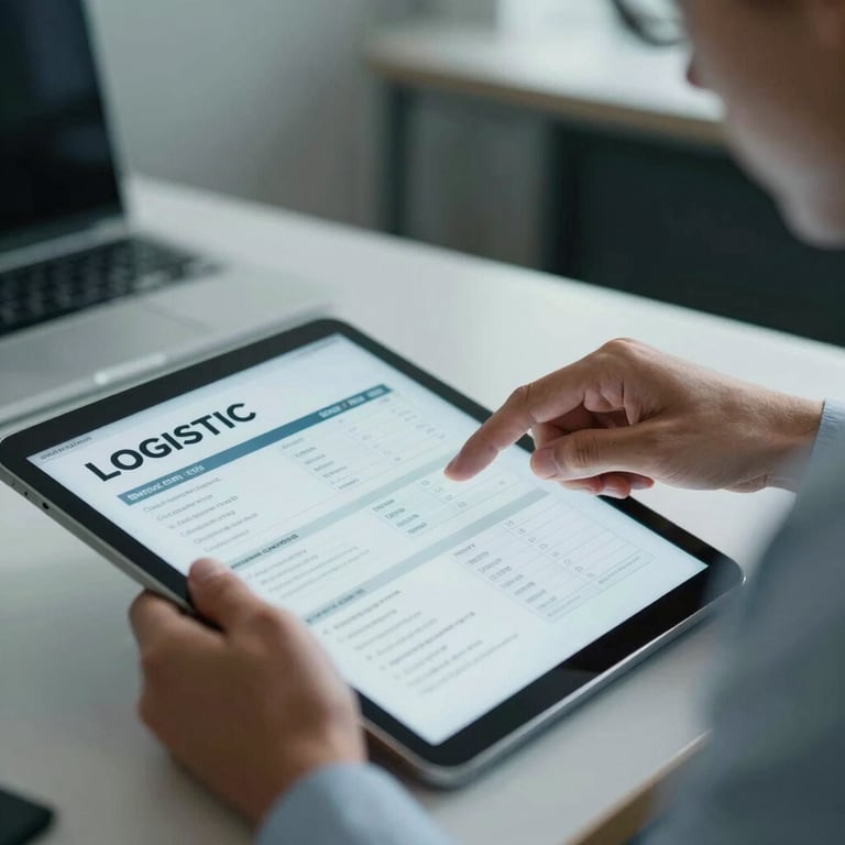 A close-up of a professional in a Latin American / Spanish office environment reviewing a logistics report on a tablet, with soft pale blue light hitting the surface.