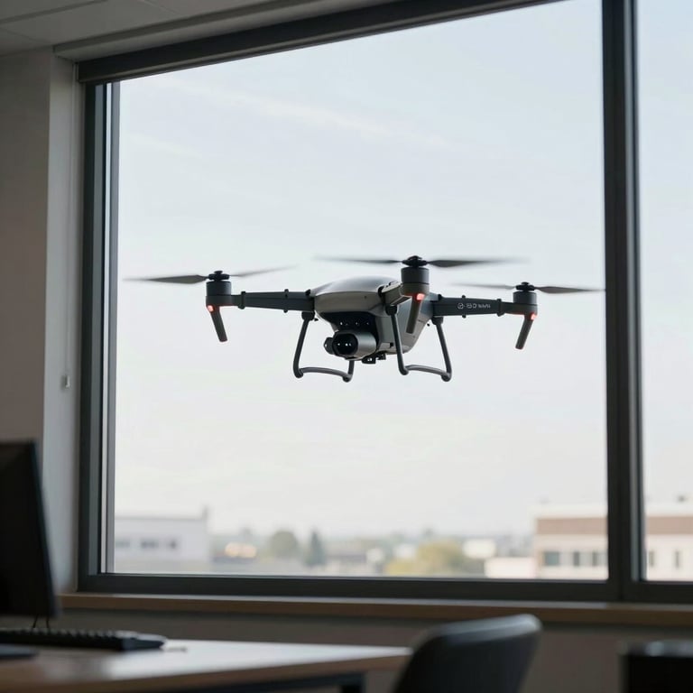 An interior view through a clean office window showing the S-Drones unit hovering outside, perfectly still, against a bright sky.