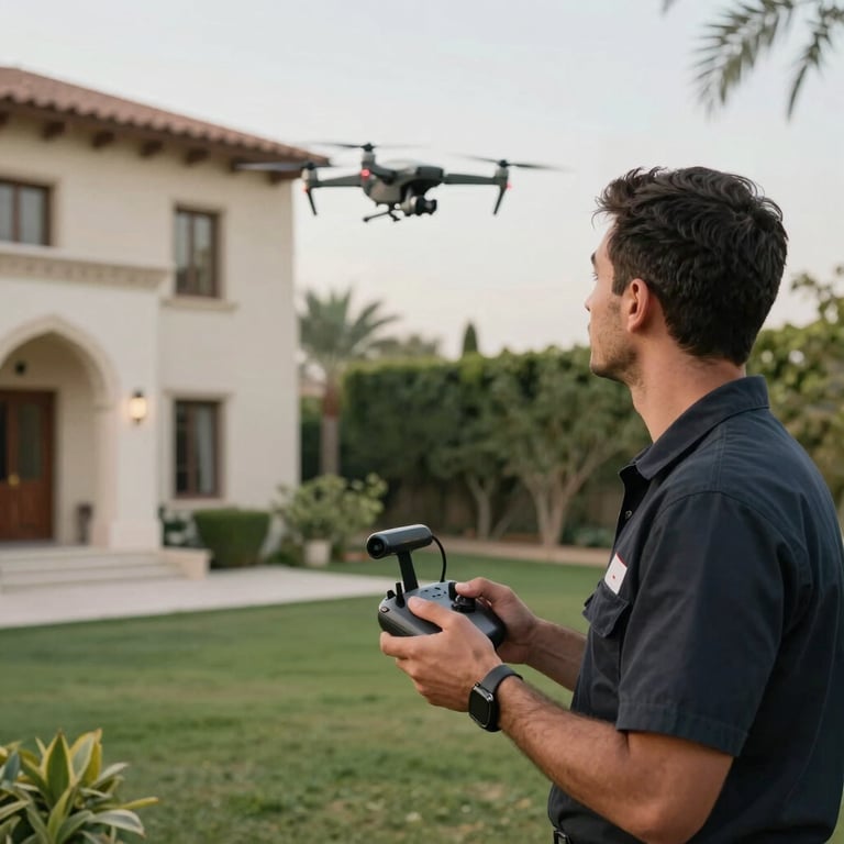 A technician in a professional uniform holding a remote controller in a lush Middle Eastern garden, watching a drone work on a villa facade.