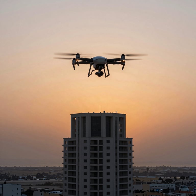 A beautiful sunset shot of a drone finishing a job on a tall residential tower, with the Arabian Gulf in the far distance.