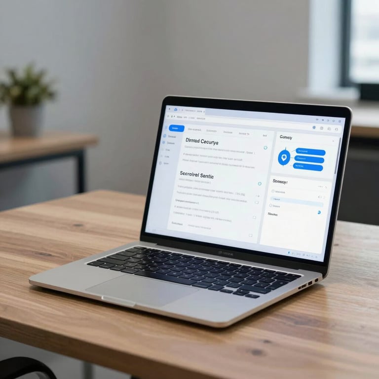A sleek laptop on a minimalist wooden desk in a North American office, displaying a clean security dashboard with soft blue tones.