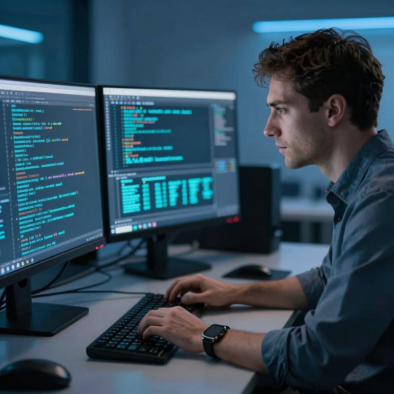 A cybersecurity expert analyzing encrypted data on multiple monitors with soft blue and deep blue accent lighting, professional setting.
