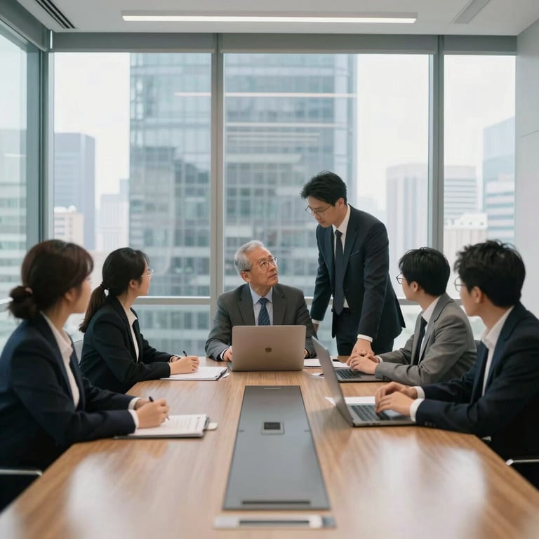 Professional team collaborating in a glass-walled conference room in a North American skyscraper, daylight, clean and modern aesthetic.