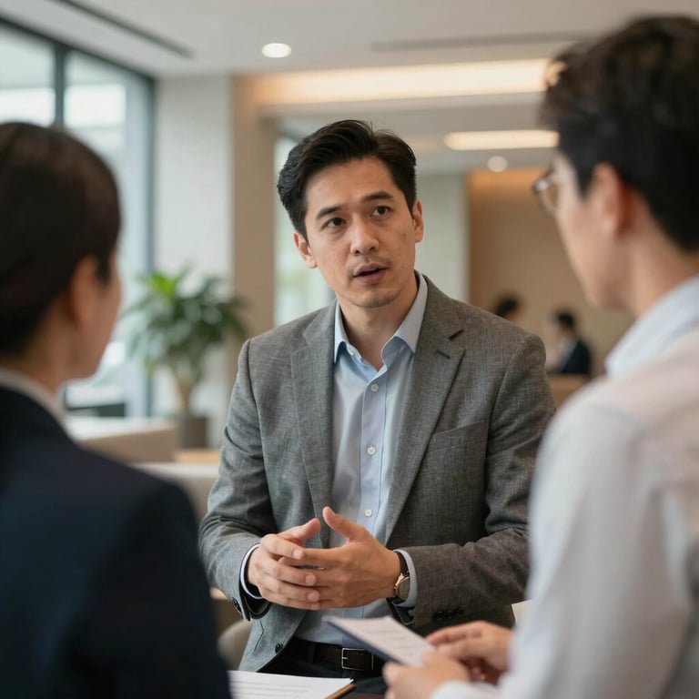 An approachable consultant discussing security strategy with a client in a bright, sophisticated North American lobby area.