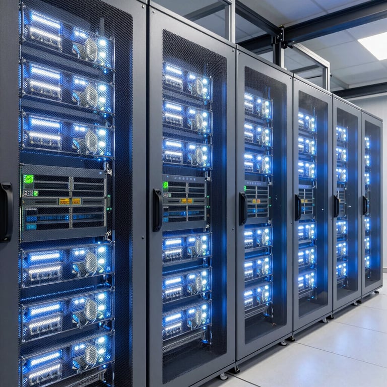 Interior of a high-tech data center with glowing off-white and medium blue lights, emphasizing reliability and modern infrastructure.