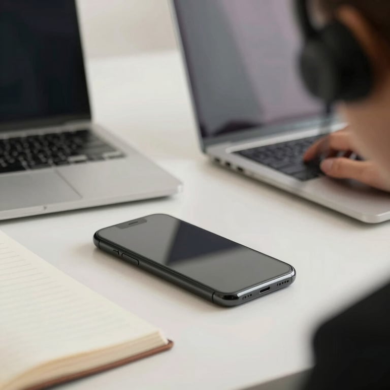 Close-up of a customer service agent's tidy desk with a smartphone, laptop, and a notebook, soft off-white background, productive mood.