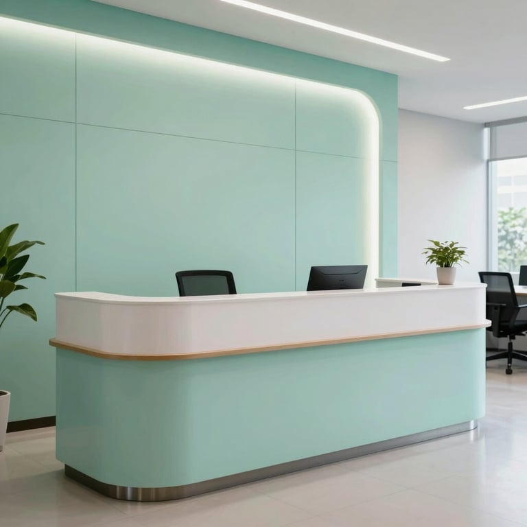 A brightly lit reception desk in a modern office in Jakarta, clean lines, seafoam green decor, professional and welcoming atmosphere.