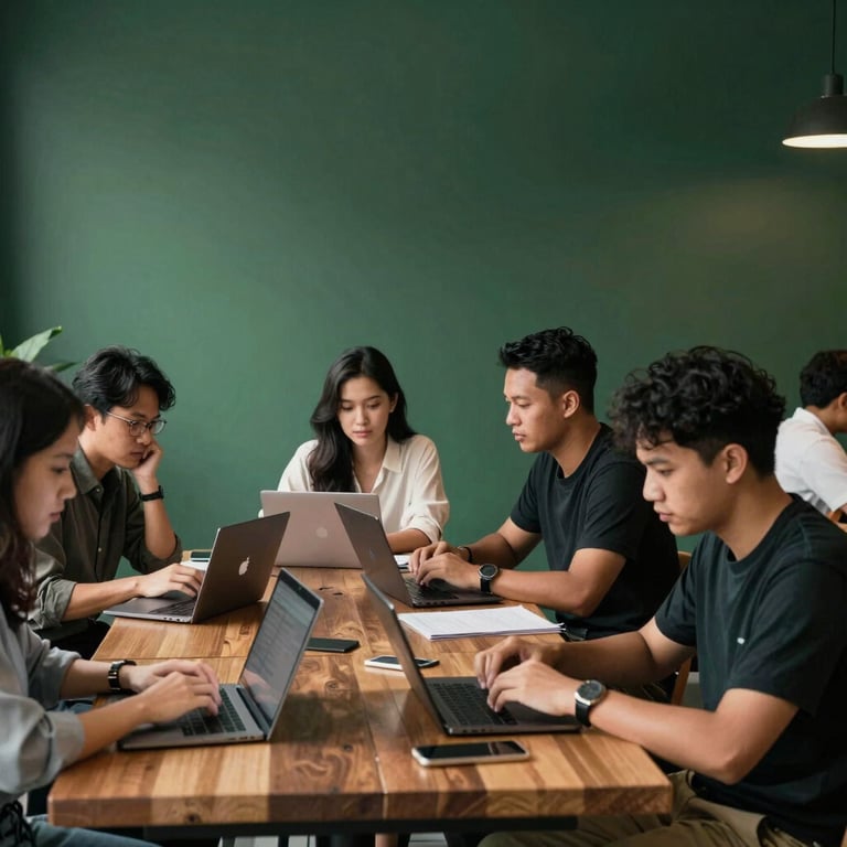 A group of diverse professionals in a Southeast Asian / Indonesian co-working space, working collaboratively with laptops, dark charcoal and forest green interior details.