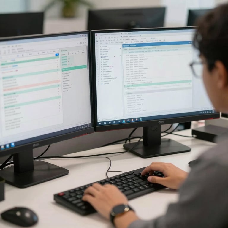 A professional at a organized desk with dual monitors showing clear data, Southeast Asian / Indonesian office setting, focus on efficiency.