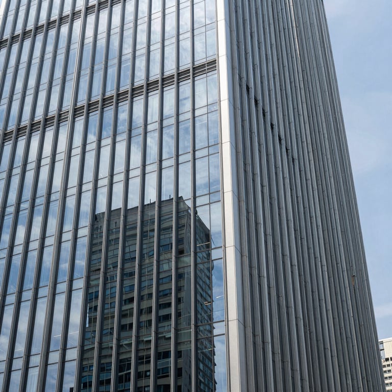 Modern architectural detail of a high-tech corporate building in a Southeast Asian / Indonesian city, glass facade reflecting a clear sky, clean and reliable feel.